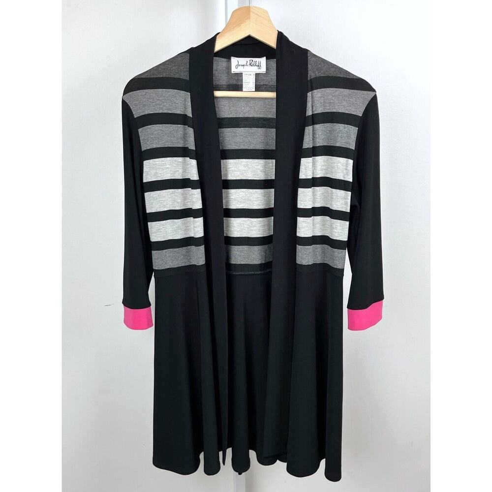 JOSEPH RIBKOFF Sz 4 Open Cardigan Topper Sweater Striped Jersey Knit Black Pink